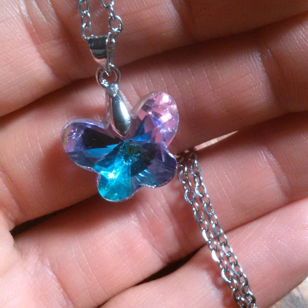 Mystic Color Crystal Brass Butterfly Pendant Stainless Steel Necklace